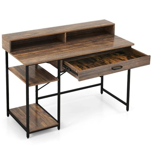 Bureau D'ordinateur Avec Étagère Pour Moniteur Bureau Informatique Avec Tiroir De Rangement Et 2 Étagères Ouvertes Style Industriel 120 X 56 X 90,5 Cm Marron Helloshop26 20_0007985