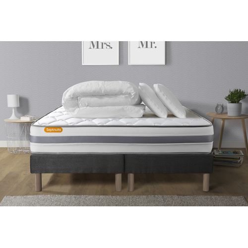 Pack matelas 160x200 + double sommiers gris 80x200 Memo Spring Ressorts ensaches 3 zones MAXI epaisseur + Couette + 2 oreillers