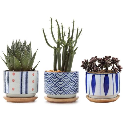 7CM Pot de Succulente avec Plateau Bambou Lot de 3, Cactus Plante Planteur de Cramique Petite Cache Pot Jardinire Contenant Dcoration de Maison Bureau