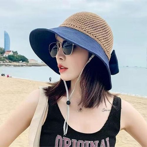 Summer Bucket Hat Stylish Design Foldable Portable Comfortable Breathable Beach Hollow Sun Hat For Women Dark Blue Aldult