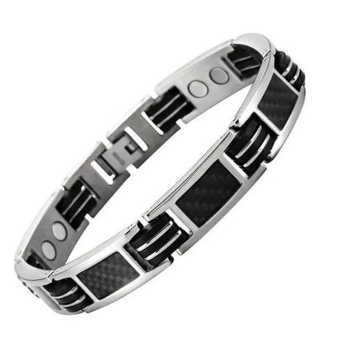 Bracelet Titane Homme Femme Magnétique 14 Aimant Fibre De Carbone Noir - Argenté Et Noir - Accessoire Tendance Mode