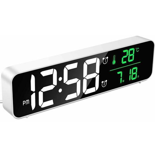 Réveil Numérique, Horloge Murale Réveil Matin LED Digital Miroir Grand Ecran avec Température Date, 2 Alarme, 40 Musique, 6 Luminosité Variable, USB Clock pour Maison Bureau, Blanc