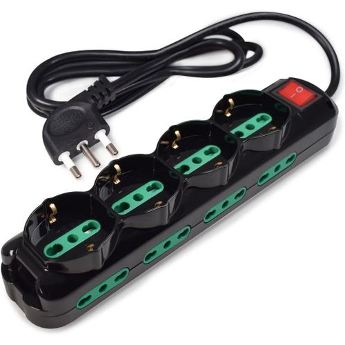 - Multiprise Power Cleaner 12, 4 Prises Schuko/Italie, 8 Prises Italie 10/16A, Interrupteur Lumineux, Protection Enfants, Câble 1,5M, Entrée Italie 16A 90°, Noir