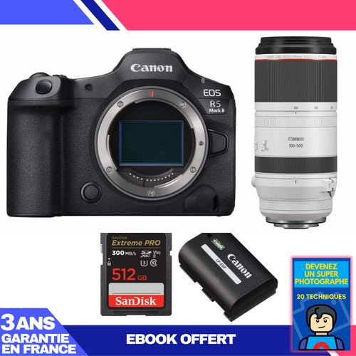 Boitier Canon EOS R5 Mark II + RF 100-500mm f/4.5-7.1 L IS USM + 1 SanDisk 512GB Extreme PRO UHS-II SDXC 300 MB/s + 1 Canon LP-E6P + Ebook 'Devenez Un Super Photographe'