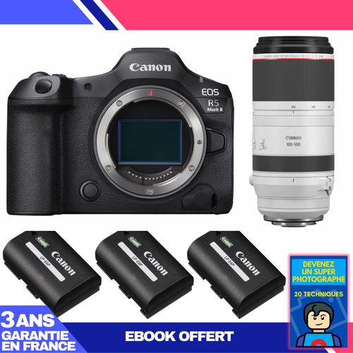 Boitier Canon EOS R5 Mark II + RF 100-500mm f/4.5-7.1 L IS USM + 3 Canon LP-E6P + Ebook 'Devenez Un Super Photographe'