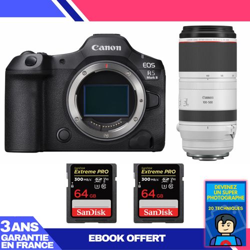 Boitier Canon EOS R5 Mark II + RF 100-500mm f/4.5-7.1 L IS USM + 2 SanDisk 64GB Extreme PRO UHS-II SDXC 300 MB/s + Ebook 'Devenez Un Super Photographe'