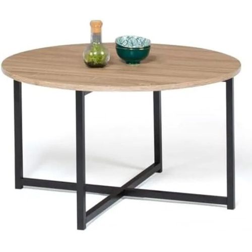 Table Basse Ronde Style Industriel ¿ Bois & Métal Noir ¿ Ø 70 Cm
