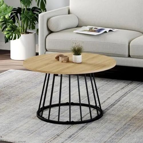 Table Basse Ronde 70 Cm Plateau Bois Et Pied Filaire En Métal Noir