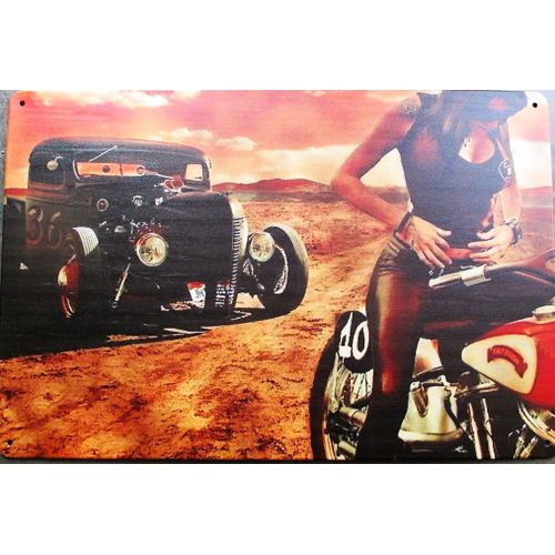 Plaque Décorative Pin Up Sur Une Moto Et Hot Rod 30x20cm Tole