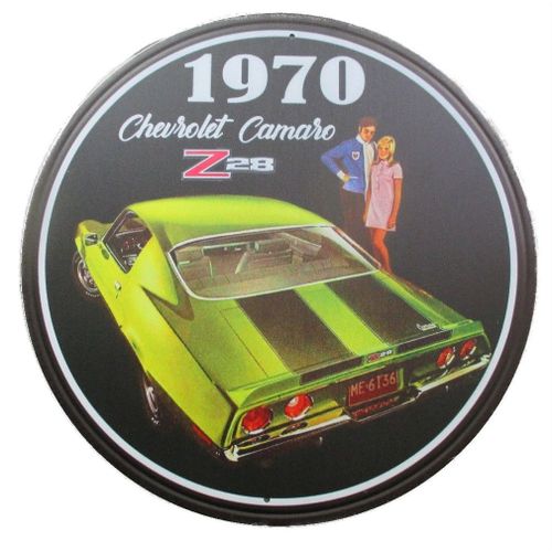 Plaque Chevrolet Camaro Z28 1970 Jaune À Bandes Noires Tole Decorative