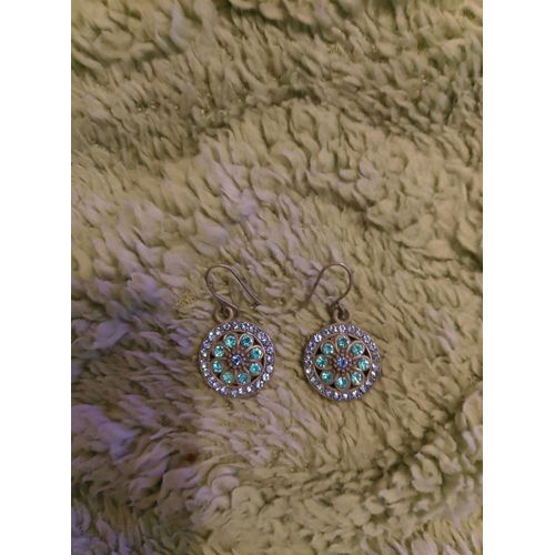 Boucles D'Oreilles En Métal Argenté Strass Bleus.
