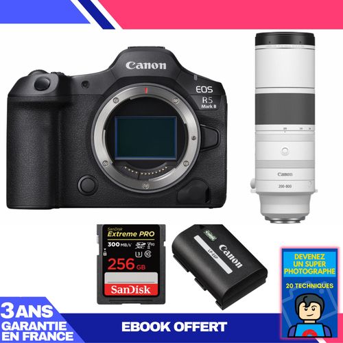 Boitier Canon EOS R5 Mark II + RF 200-800mm f/6.3-9 IS USM + 1 SanDisk 256GB Extreme PRO UHS-II SDXC 300 MB/s + 1 Canon LP-E6P + Ebook 'Devenez Un Super Photographe'