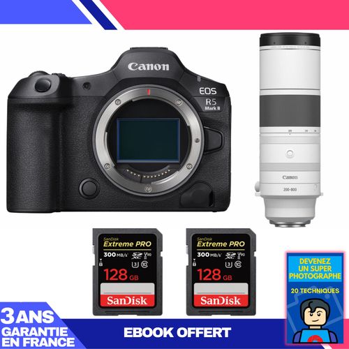 Boitier Canon EOS R5 Mark II + RF 200-800mm f/6.3-9 IS USM + 2 SanDisk 128GB Extreme PRO UHS-II SDXC 300 MB/s + Ebook 'Devenez Un Super Photographe'