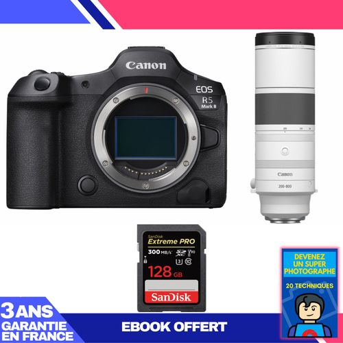 Boitier Canon EOS R5 Mark II + RF 200-800mm f/6.3-9 IS USM + 1 SanDisk 128GB Extreme PRO UHS-II SDXC 300 MB/s + Ebook 'Devenez Un Super Photographe'