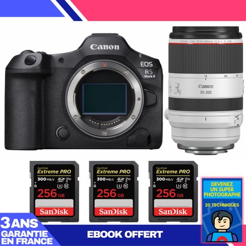 Boitier Canon EOS R5 Mark II + RF 70-200mm f/2.8 L IS USM + 3 SanDisk 256GB Extreme PRO UHS-II SDXC 300 MB/s + Ebook 'Devenez Un Super Photographe'