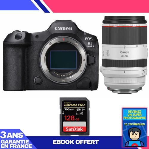Boitier Canon EOS R5 Mark II + RF 70-200mm f/2.8 L IS USM + 1 SanDisk 128GB Extreme PRO UHS-II SDXC 300 MB/s + Ebook 'Devenez Un Super Photographe'