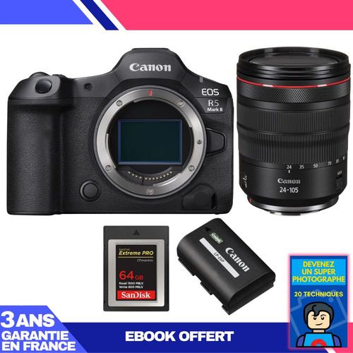Boitier Canon EOS R5 Mark II + RF 24-105mm f/4 L IS USM + 1 SanDisk 64GB Extreme PRO CFexpress Type B + 1 Canon LP-E6P + Ebook 'Devenez Un Super Photographe'