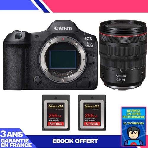 Boitier Canon EOS R5 Mark II + RF 24-105mm f/4 L IS USM + 2 SanDisk 256GB Extreme PRO CFexpress Type B + Ebook 'Devenez Un Super Photographe'
