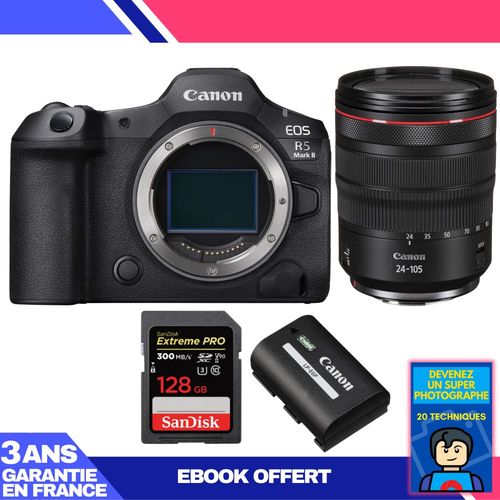 Boitier Canon EOS R5 Mark II + RF 24-105mm f/4 L IS USM + 1 SanDisk 128GB Extreme PRO UHS-II SDXC 300 MB/s + 1 Canon LP-E6P + Ebook 'Devenez Un Super Photographe'