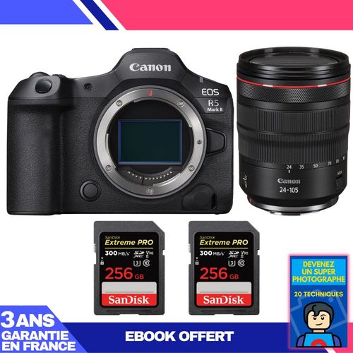 Boitier Canon EOS R5 Mark II + RF 24-105mm f/4 L IS USM + 2 SanDisk 256GB Extreme PRO UHS-II SDXC 300 MB/s + Ebook 'Devenez Un Super Photographe'