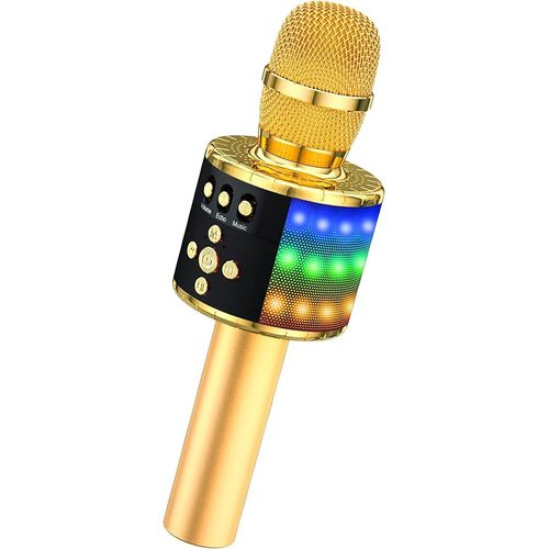 GOTHICANA BY EMPMicrophone Sans Fil, Microphone Karaoké Enfant Bluetooth Lecteur Enregistreur Portable, Lumières Led Coloré Microphone De Fête Familial Pour Appareil Intelligent Android/Ios-Or