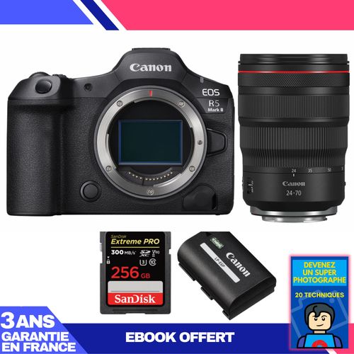 Boitier Canon EOS R5 Mark II + RF 24-70mm f/2.8 L IS USM + 1 SanDisk 256GB Extreme PRO UHS-II SDXC 300 MB/s + 1 Canon LP-E6P + Ebook 'Devenez Un Super Photographe'