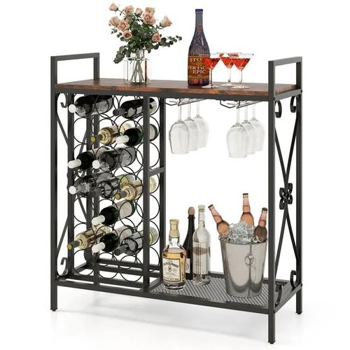 Costway Casier À Vin Sur Pied Pour 21 Bouteilles, Avec Support En Verre Et Plan De Travail En Bois, Cadre En Métal Rustique