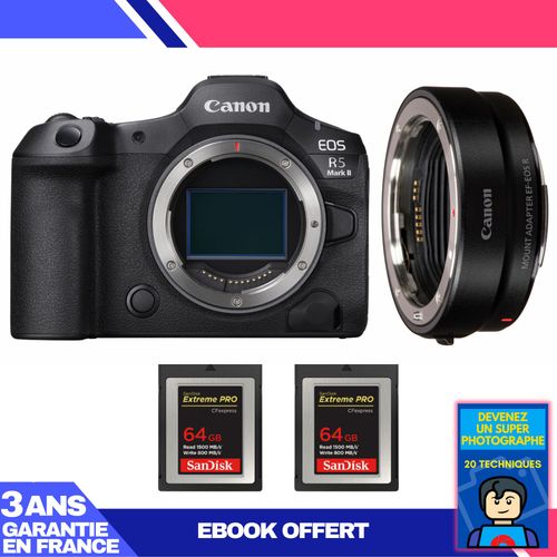 Boitier Canon EOS R5 Mark II + EF-EOS R + 2 SanDisk 64GB Extreme PRO CFexpress Type B + Ebook 'Devenez Un Super Photographe'