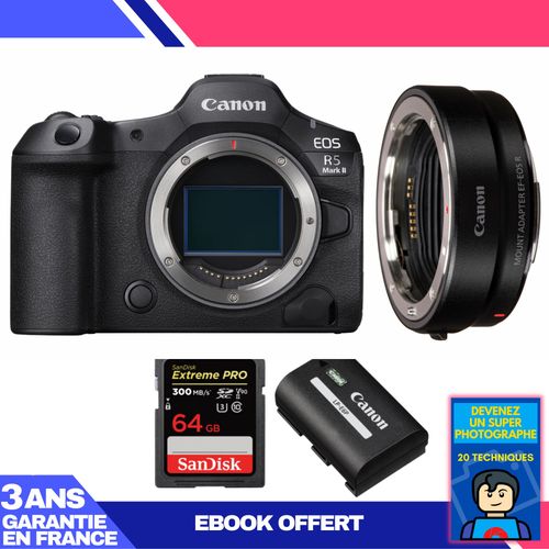 Boitier Canon EOS R5 Mark II + EF-EOS R + 1 SanDisk 64GB Extreme PRO UHS-II SDXC 300 MB/s + 1 Canon LP-E6P + Ebook 'Devenez Un Super Photographe'
