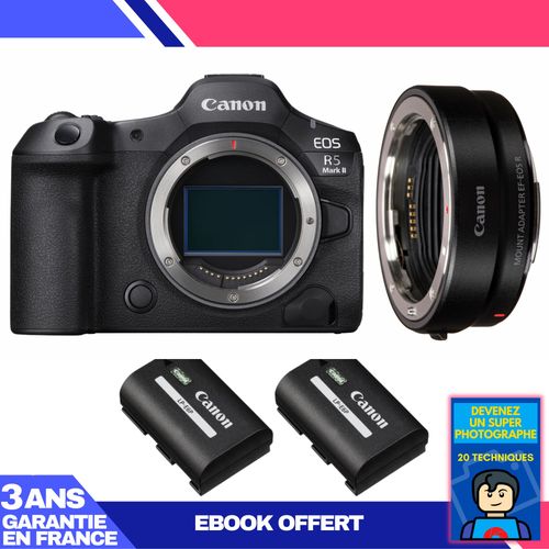 Boitier Canon EOS R5 Mark II + EF-EOS R + 2 Canon LP-E6P + Ebook 'Devenez Un Super Photographe'