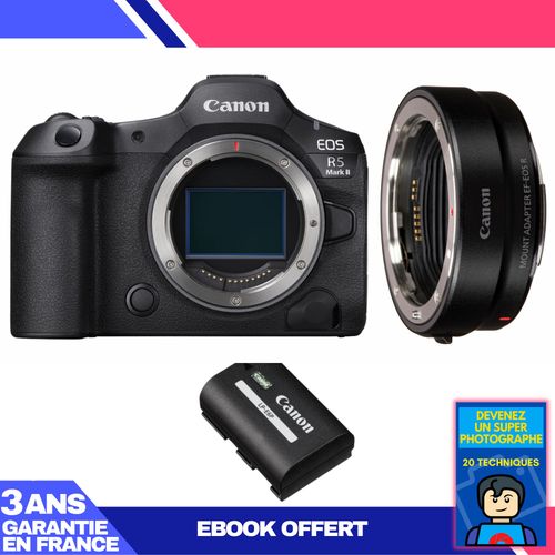 Boitier Canon EOS R5 Mark II + EF-EOS R + 1 Canon LP-E6P + Ebook 'Devenez Un Super Photographe'