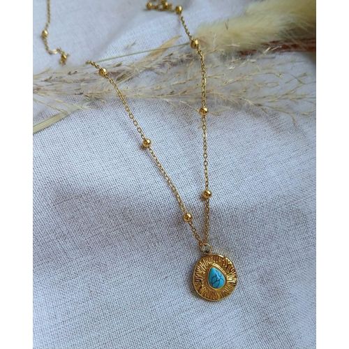 Collier Médaillons Avec Pierre Naturelle De Turquoise. Plaqué Or 18 Carats