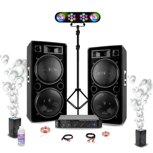 Pack Sono DJ 2 Enceintes Ibiza STAR212 2x1500W - Ampli 2x800W AMP1000-MKII - 2 Machines à Bulles - Portique Lumières PAR LEDRGB