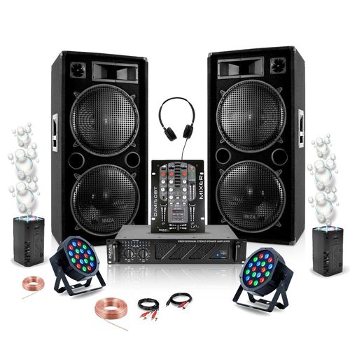 Pack DJ Sono 2 Enceintes 2x1500W Ibiza STAR212 - Ampli AMP1000-MKII 2x800W - Table de Mixage - 2 PAR LEDS RGB - 2 Machine à Bulles