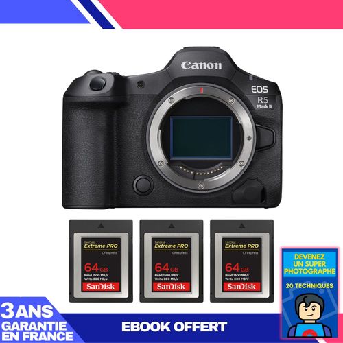 Boitier Canon EOS R5 Mark II + 3 SanDisk 64GB Extreme PRO CFexpress Type B + Ebook 'Devenez Un Super Photographe'