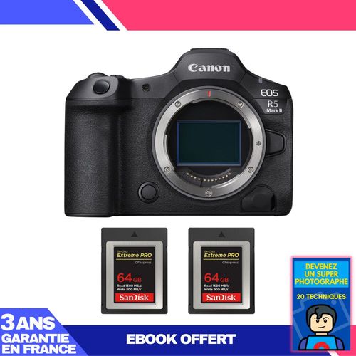 Boitier Canon EOS R5 Mark II + 2 SanDisk 64GB Extreme PRO CFexpress Type B + Ebook 'Devenez Un Super Photographe'