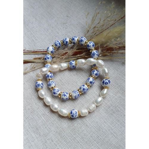 Bracelet Duo En Perles De Cultures Et Céramique. Perles Intercalaires Plaqué Or