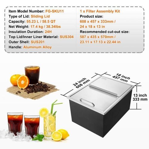 Bac à Glace Encastrable-VEVOR-55,23 L 608x457x333mm-Couvercle en Inox Alimentaire Conservateur à Glaçons-Boissons Bières Fraîches