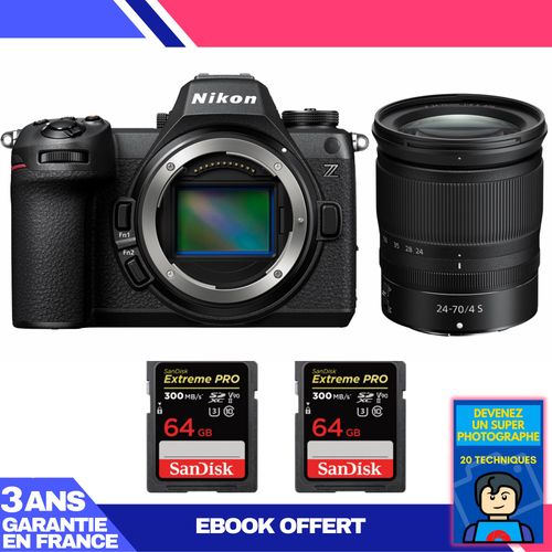 Boitier Nikon Z6 III + Z 24-70mm f/4 S + 2 SanDisk 64GB Extreme PRO UHS-II SDXC 300 MB/s + Ebook 'Devenez Un Super Photographe'