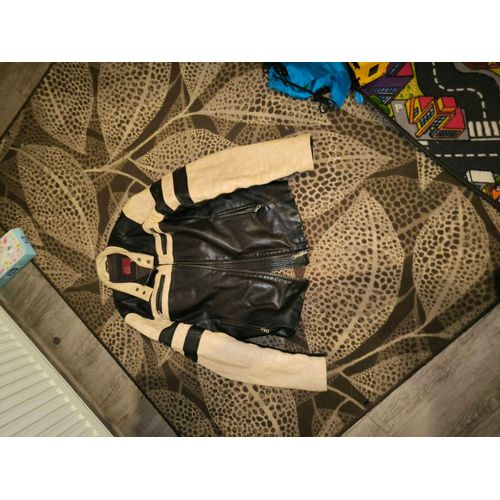 Blouson Biker En Cuir Noir Et Beige Taille L Pour Homme