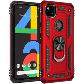 Pour Coque Google Pixel 4a Avec Aimant Anneau Support, 360°Double Couche Renforcée Défense Bumper Antichoc Armure Housse Etui Avec Protection Écran-Rouge