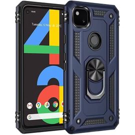Compatible Avec Coque Google Pixel 4a Avec Aimant Anneau Support, 360°Double Couche Renforcée Défense Bumper Antichoc Armure Housse Etui Avec Protection Écran-Bleu