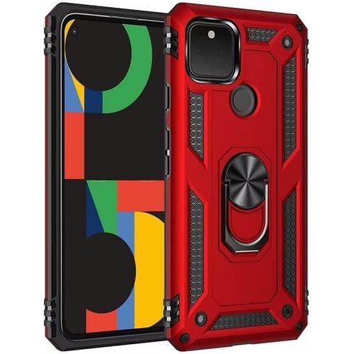 Compatible Avec Coque Google Pixel 5 Avec Aimant Anneau Support, 360°Double Couche Renforcée Défense Bumper Antichoc Armure Housse Etui Avec Protection Écran-Rouge