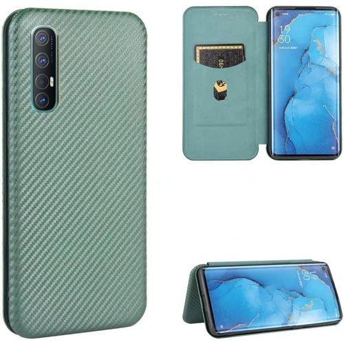 Compatible Avec Coque Oppo Find X2 Neo, Mince Flip Fibre De Carbone Test De Chute Antichoc Stand Fente Avec Carte, Protecteur D'écran En Verre Trempé*2-Vert