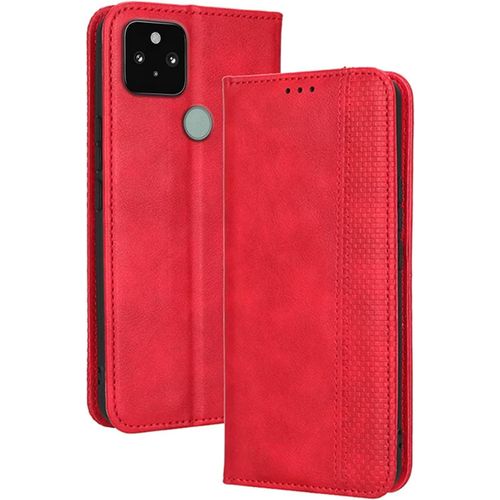 Coque Pour Google Pixel 5 6"" Inches Etui Housse, Étui De Téléphone En Cuir Avec Fente Pour Carte Texturée Élégante.Rouge