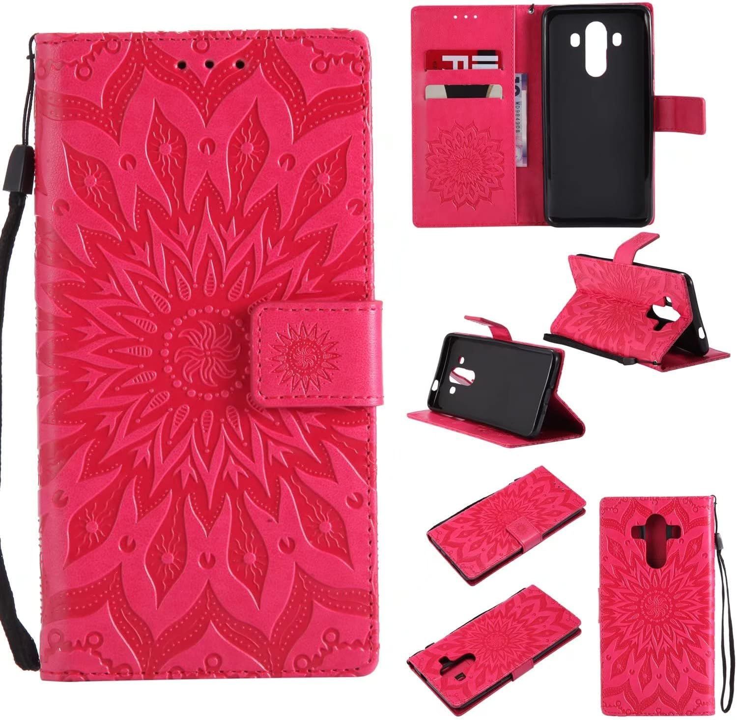 Coque Pour Huawei Mate 10 Pro Portefeuille Rabat Étui Housse 2 Carte Fentes Stand Support Magnétique Gaufrée Tournesol Pu Cuir 360° Antichoc 2& Verre Trempé,Rouge