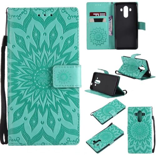 Coque Pour Huawei Mate 10 Pro Portefeuille Rabat Étui Housse 2 Carte Fentes Stand Support Magnétique Gaufrée Tournesol Pu Cuir 360° Antichoc 2& Verre Trempé,Vert