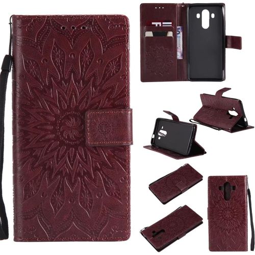 Coque Pour Huawei Mate 10 Pro Portefeuille Rabat Étui Housse 2 Carte Fentes Stand Support Magnétique Gaufrée Tournesol Pu Cuir 360° Antichoc 2& Verre Trempé,Brun
