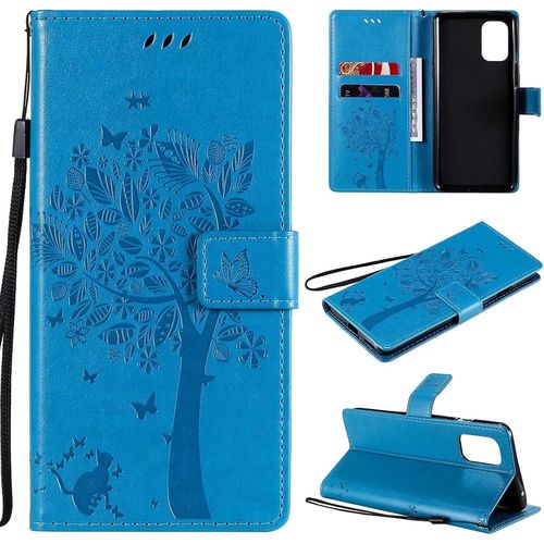 Coque Pour Oneplus 8t Portefeuille Rabat Étui Housse 2 Fentes Pour Cartes Stand Support Magnétique Chat Et Arbre Papillon Pu Cuir 360° Antichoc 2& Verre Trempé,Bleu