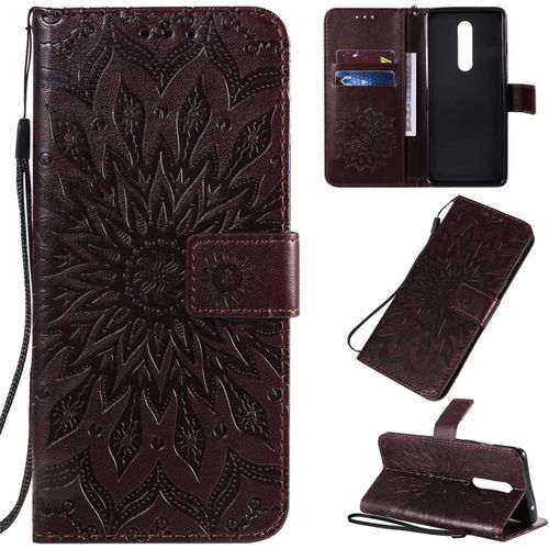 Coque Pour Oneplus 8 Portefeuille Rabat Étui Housse 2 Carte Fentes Stand Support Magnétique Gaufrée Tournesol Pu Cuir 360° Antichoc 2& Verre Trempé,Brun